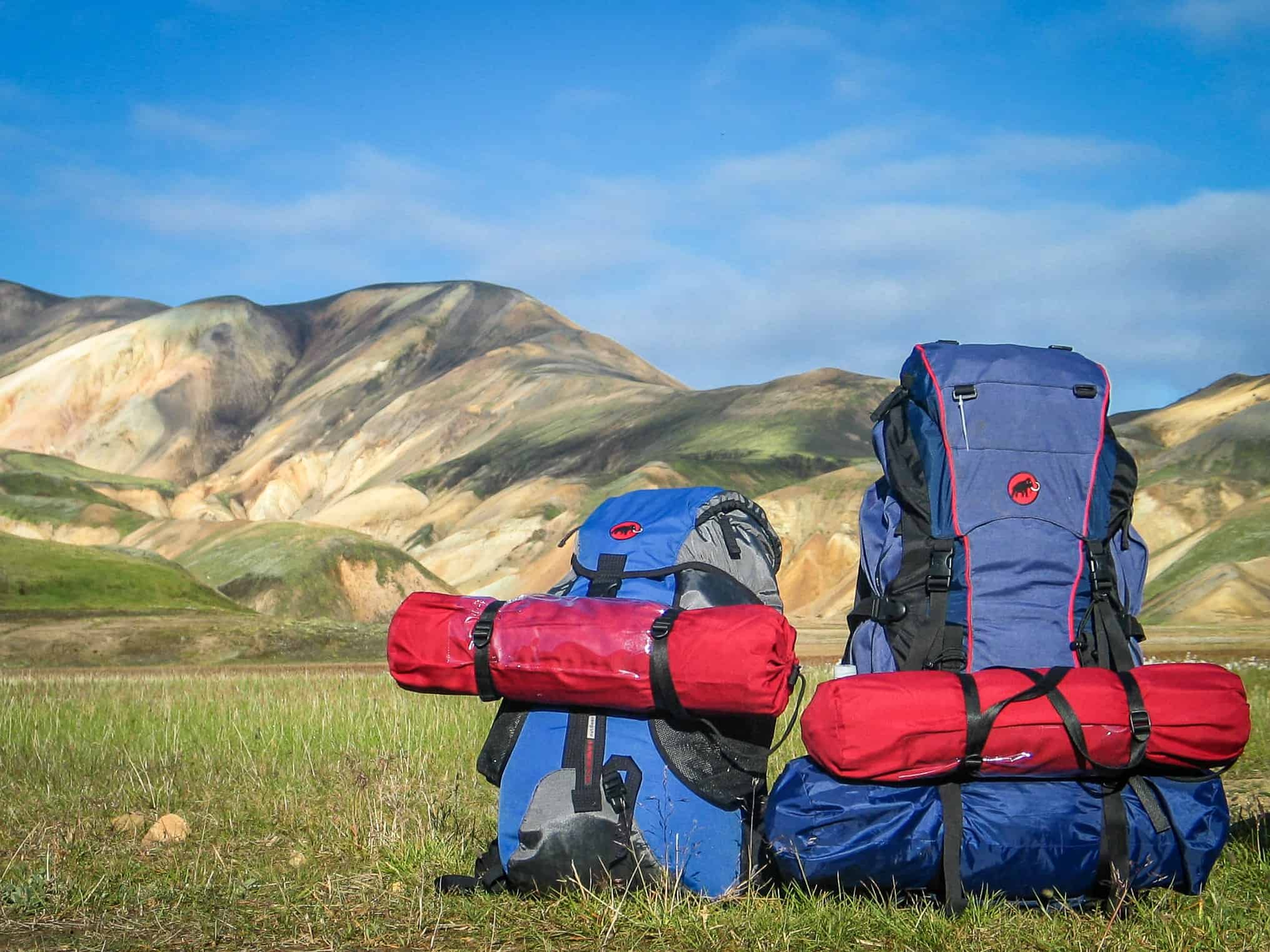 Two hiking backpacks with sleeping bags on the grassy ground